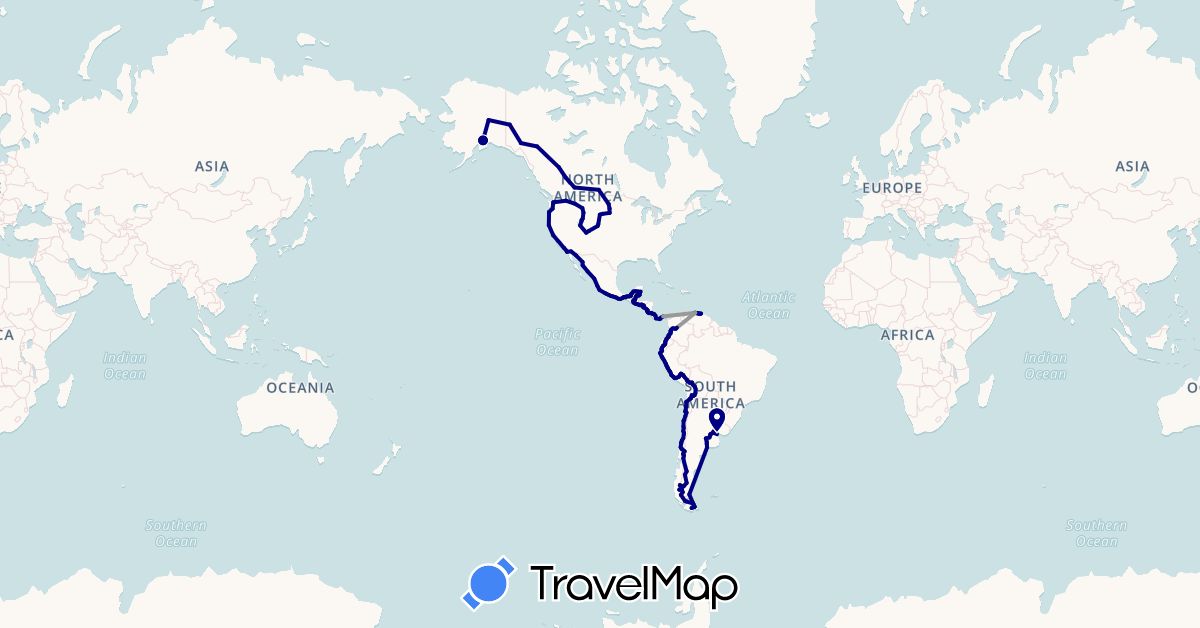 TravelMap itinerary: driving, plane in Argentina, Bolivia, Belize, Canada, Chile, Colombia, Costa Rica, Ecuador, Guatemala, Honduras, Mexico, Nicaragua, Panama, Peru, El Salvador, United States, Venezuela (North America, South America)